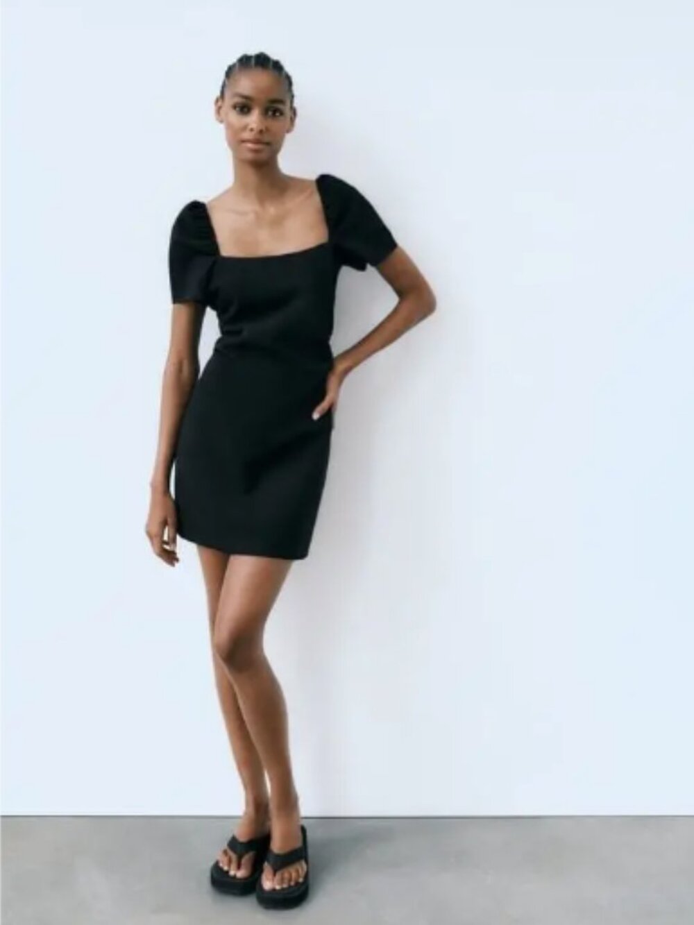 Zara Black Puff Sleeve Linen Blend Mini Dress